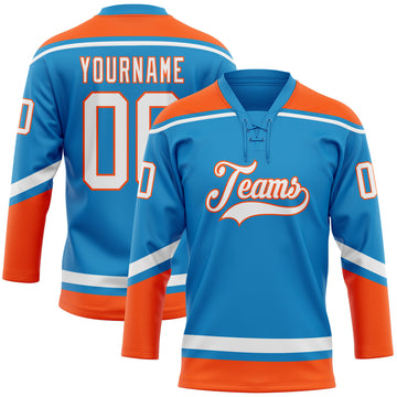 Custom Blue White-Orange Hockey Lace Neck Jersey