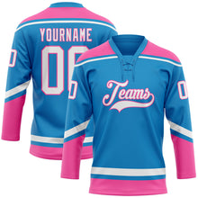 Laden Sie das Bild in den Galerie-Viewer, Custom Blue White-Pink Hockey Lace Neck Jersey
