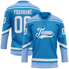 Load image into Gallery viewer, Custom Blue White-Light Blue Hockey Lace Neck Jersey
