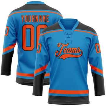 Custom Blue Orange-Black Hockey Lace Neck Jersey