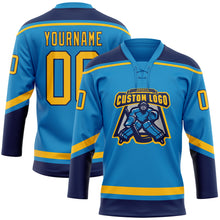 Load image into Gallery viewer, Custom Blue Gold-Navy Hockey Lace Neck Jersey
