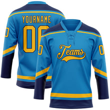 Load image into Gallery viewer, Custom Blue Gold-Navy Hockey Lace Neck Jersey
