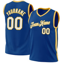 Laden Sie das Bild in den Galerie-Viewer, Custom Blue White-Gold Authentic Throwback Basketball Jersey
