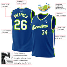 Laden Sie das Bild in den Galerie-Viewer, Custom Blue White-Neon Green Authentic Throwback Basketball Jersey
