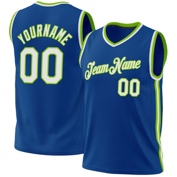Custom Blue White-Neon Green Authentic Throwback Basketball Jersey