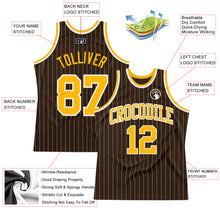 Load image into Gallery viewer, Custom Brown White Pinstripe Gold Authentic Basketball Jersey
