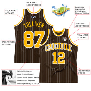 Custom Brown White Pinstripe Gold Authentic Basketball Jersey