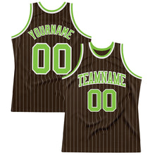 Laden Sie das Bild in den Galerie-Viewer, Custom Brown White Pinstripe Neon Green Authentic Basketball Jersey
