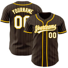 Load image into Gallery viewer, Custom Brown White Pinstripe Yellow Authentic Baseball Jersey
