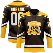 Load image into Gallery viewer, Custom Brown White-Gold Hockey Lace Neck Jersey
