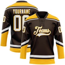 Load image into Gallery viewer, Custom Brown White-Gold Hockey Lace Neck Jersey
