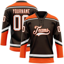 Laden Sie das Bild in den Galerie-Viewer, Custom Brown White-Orange Hockey Lace Neck Jersey

