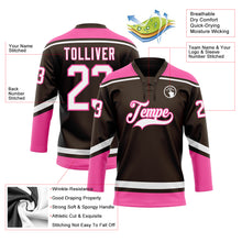 Laden Sie das Bild in den Galerie-Viewer, Custom Brown White-Pink Hockey Lace Neck Jersey

