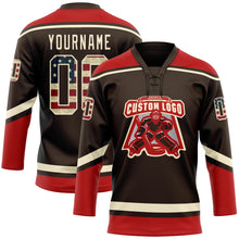 Load image into Gallery viewer, Custom Brown Vintage USA Flag Cream-Red Hockey Lace Neck Jersey
