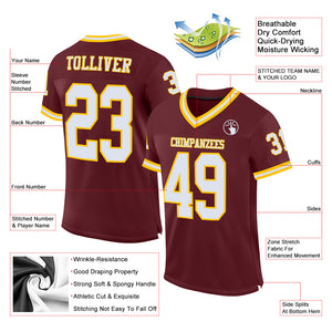 Custom Burgundy White-Gold Mesh Authentic Throwback Football Jersey