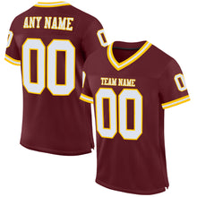 Laden Sie das Bild in den Galerie-Viewer, Custom Burgundy White-Gold Mesh Authentic Throwback Football Jersey
