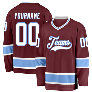 Custom Burgundy White-Light Blue Hockey Jersey