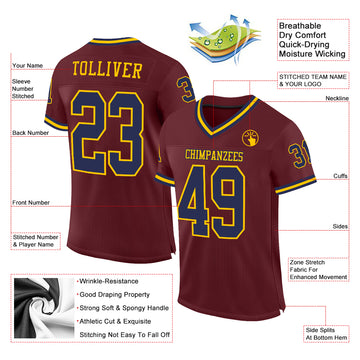 Custom Burgundy Navy-Gold Mesh Authentic Throwback Football Jersey