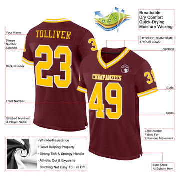 Custom Burgundy Gold-White Mesh Authentic Throwback Football Jersey