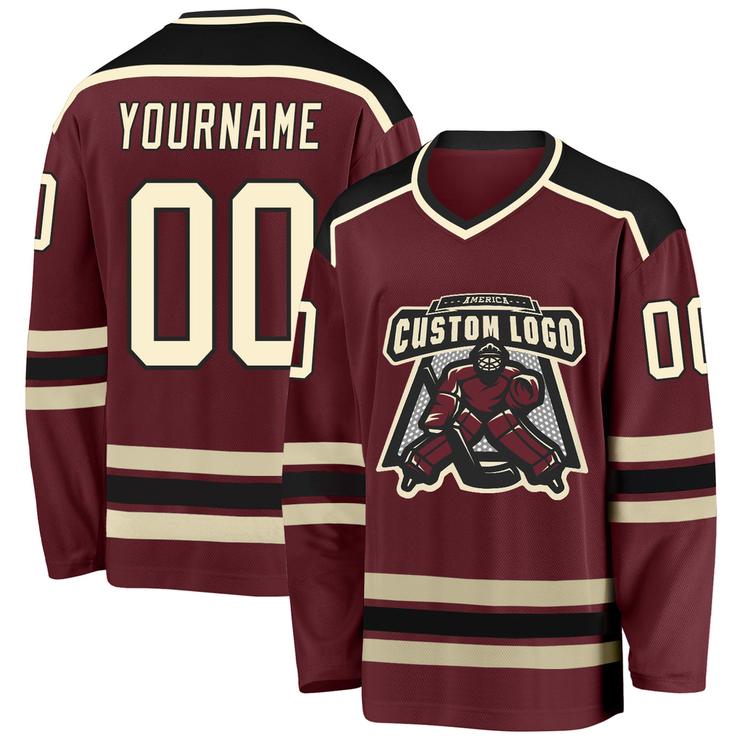 Custom Burgundy Cream-Black Hockey Jersey