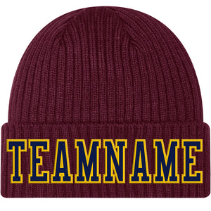 Custom Burgundy Navy-Gold Stitched Cuffed Knit Hat