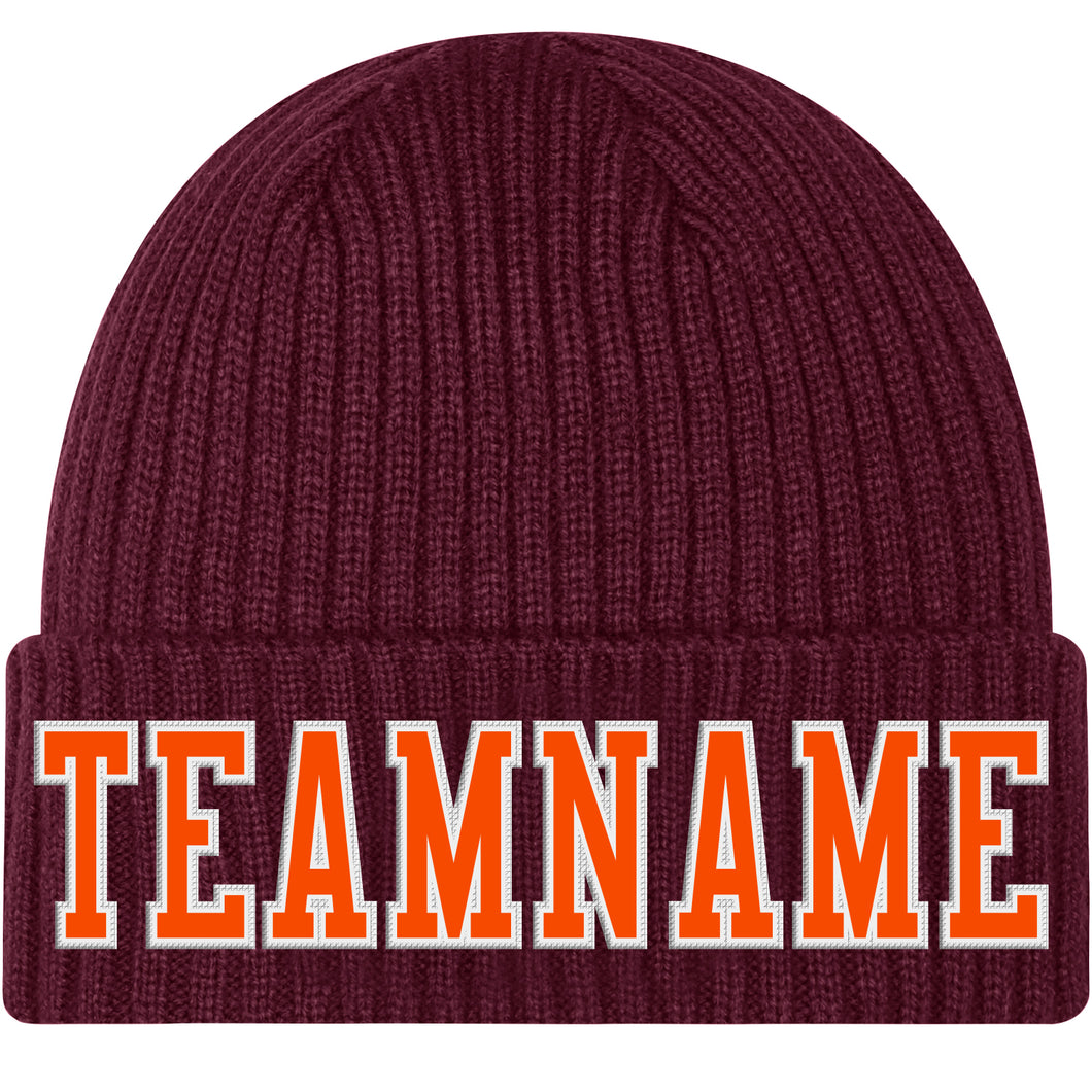 Custom Burgundy Orange-White Stitched Cuffed Knit Hat