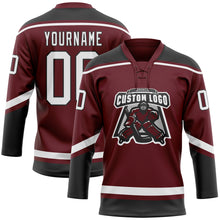 Load image into Gallery viewer, Custom Burgundy White-Black Hockey Lace Neck Jersey
