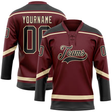 Laden Sie das Bild in den Galerie-Viewer, Custom Burgundy Black-City Cream Hockey Lace Neck Jersey
