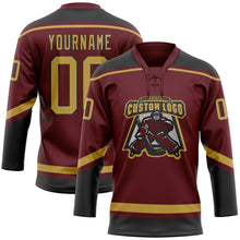 Load image into Gallery viewer, Custom Burgundy Old Gold-Black Hockey Lace Neck Jersey
