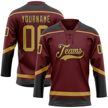 Laden Sie das Bild in den Galerie-Viewer, Custom Burgundy Old Gold-Black Hockey Lace Neck Jersey
