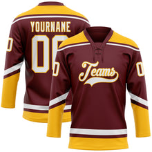 Laden Sie das Bild in den Galerie-Viewer, Custom Burgundy White-Gold Hockey Lace Neck Jersey
