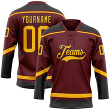 Load image into Gallery viewer, Custom Burgundy Gold-Black Hockey Lace Neck Jersey
