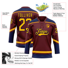 Load image into Gallery viewer, Custom Burgundy Gold-Navy Hockey Lace Neck Jersey
