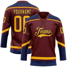 Load image into Gallery viewer, Custom Burgundy Gold-Navy Hockey Lace Neck Jersey
