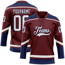Load image into Gallery viewer, Custom Burgundy White-Navy Hockey Lace Neck Jersey
