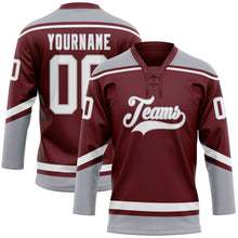 Load image into Gallery viewer, Custom Burgundy White-Gray Hockey Lace Neck Jersey
