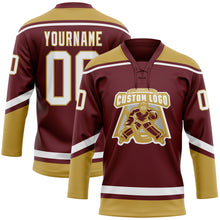Load image into Gallery viewer, Custom Burgundy White-Old Gold Hockey Lace Neck Jersey
