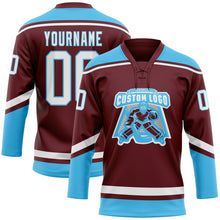 Load image into Gallery viewer, Custom Burgundy White-Sky Blue Hockey Lace Neck Jersey
