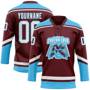 Custom Burgundy White-Sky Blue Hockey Lace Neck Jersey