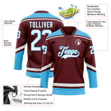 Load image into Gallery viewer, Custom Burgundy White-Sky Blue Hockey Lace Neck Jersey
