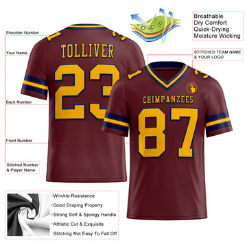 Custom Burgundy Gold-Navy Mesh Authentic Football Jersey