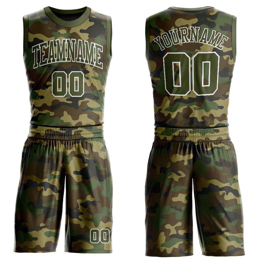 Custom Camo Olive-White Round Neck Sublimation Salute To Service Basketball  Suit Jersey