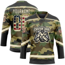 Load image into Gallery viewer, Custom Camo Vintage USA Flag Cream-Black Salute To Service Hockey Lace Neck Jersey
