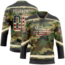 Load image into Gallery viewer, Custom Camo Vintage USA Flag Cream-Black Salute To Service Hockey Lace Neck Jersey
