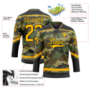 Custom Camo Gold-Black Salute To Service Hockey Lace Neck Jersey