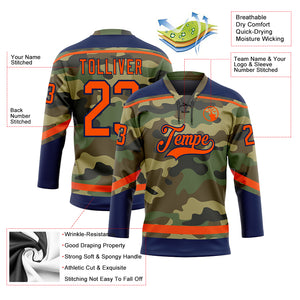 Custom Camo Orange-Navy Salute To Service Hockey Lace Neck Jersey