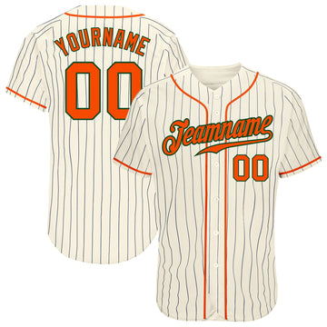 Custom Cream Navy Pinstripe Orange-Green Authentic Baseball Jersey