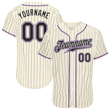 Laden Sie das Bild in den Galerie-Viewer, Custom Cream Black Pinstripe Black-Purple Authentic Baseball Jersey
