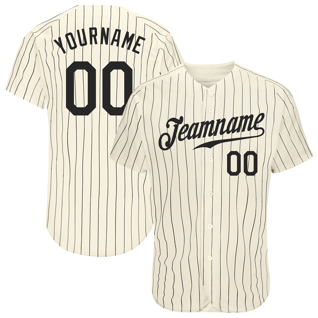 Custom Cream Black Pinstripe Black Authentic Baseball Jersey