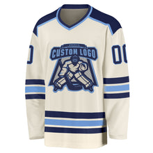 Laden Sie das Bild in den Galerie-Viewer, Custom Cream Navy-Light Blue Hockey Jersey
